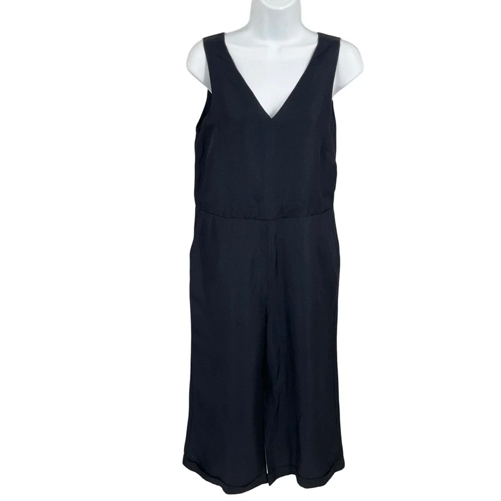 Banana Republic Jumpsuit Women 6 Navy Linen Tie Back Wide Leg Cropped Petite‎